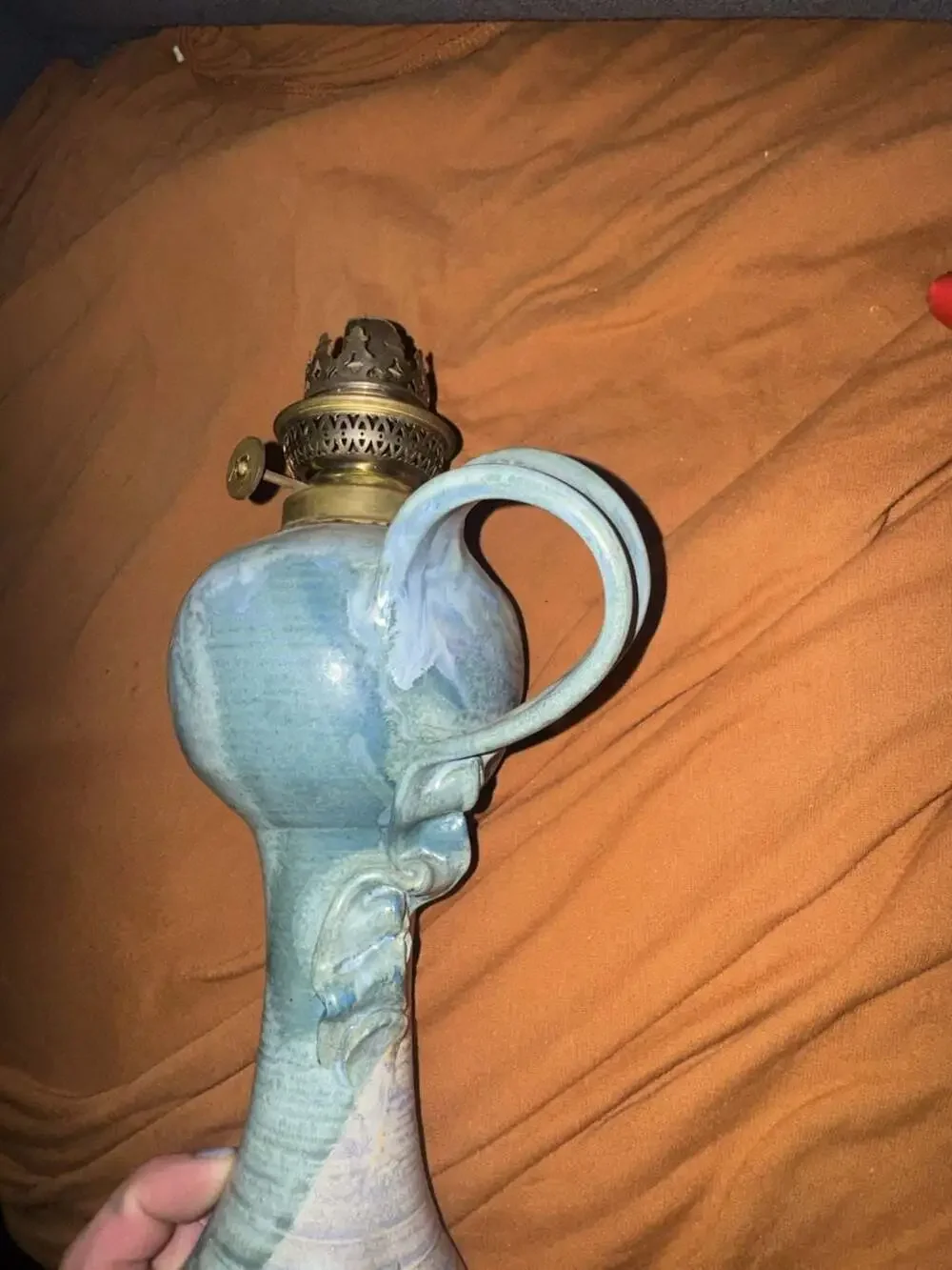 Vintage Handcrafted Studio Pottery Ceramic Oil Lamp with Blue Glaze